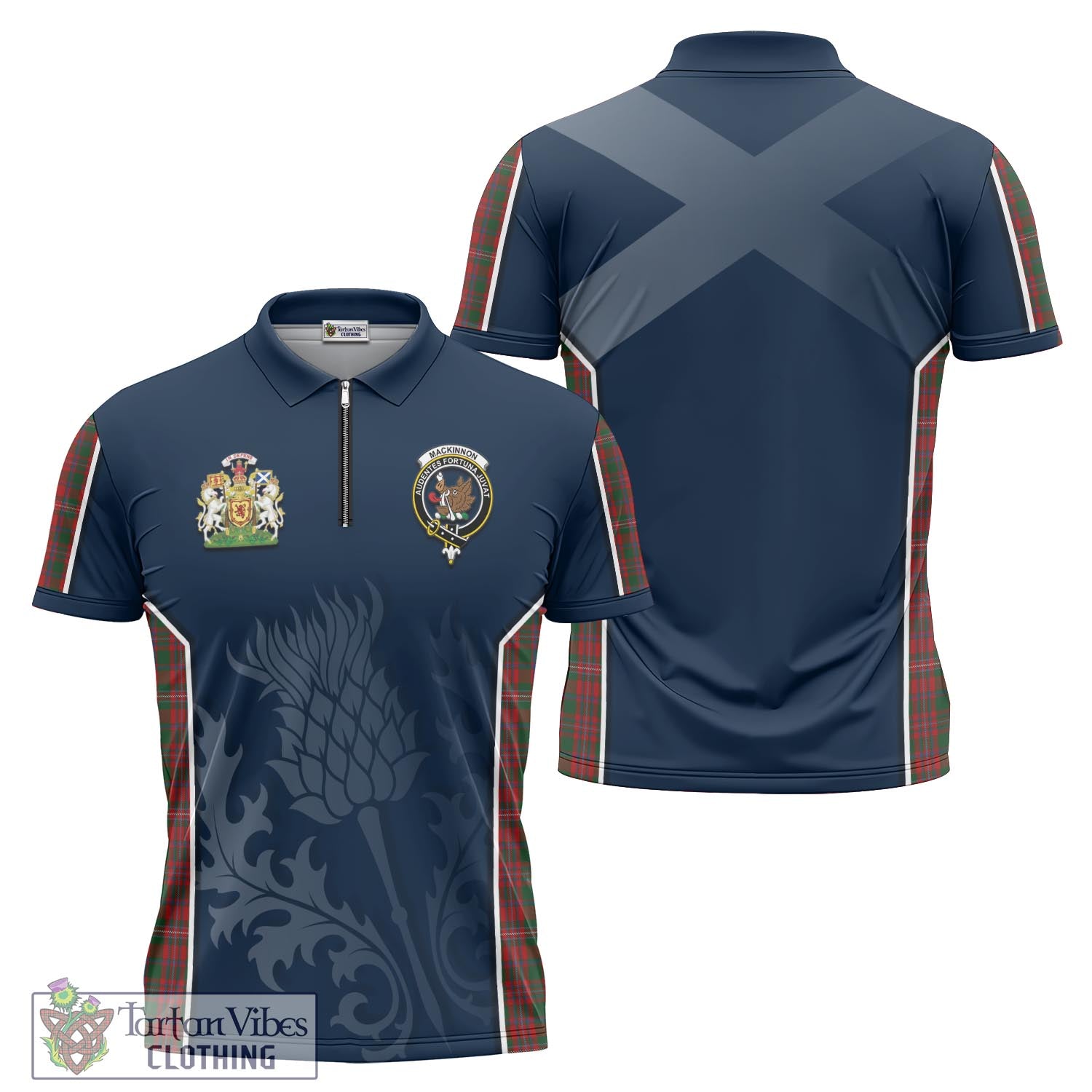 Tartan Vibes Clothing MacKinnon Tartan Zipper Polo Shirt with Family Crest and Scottish Thistle Vibes Sport Style