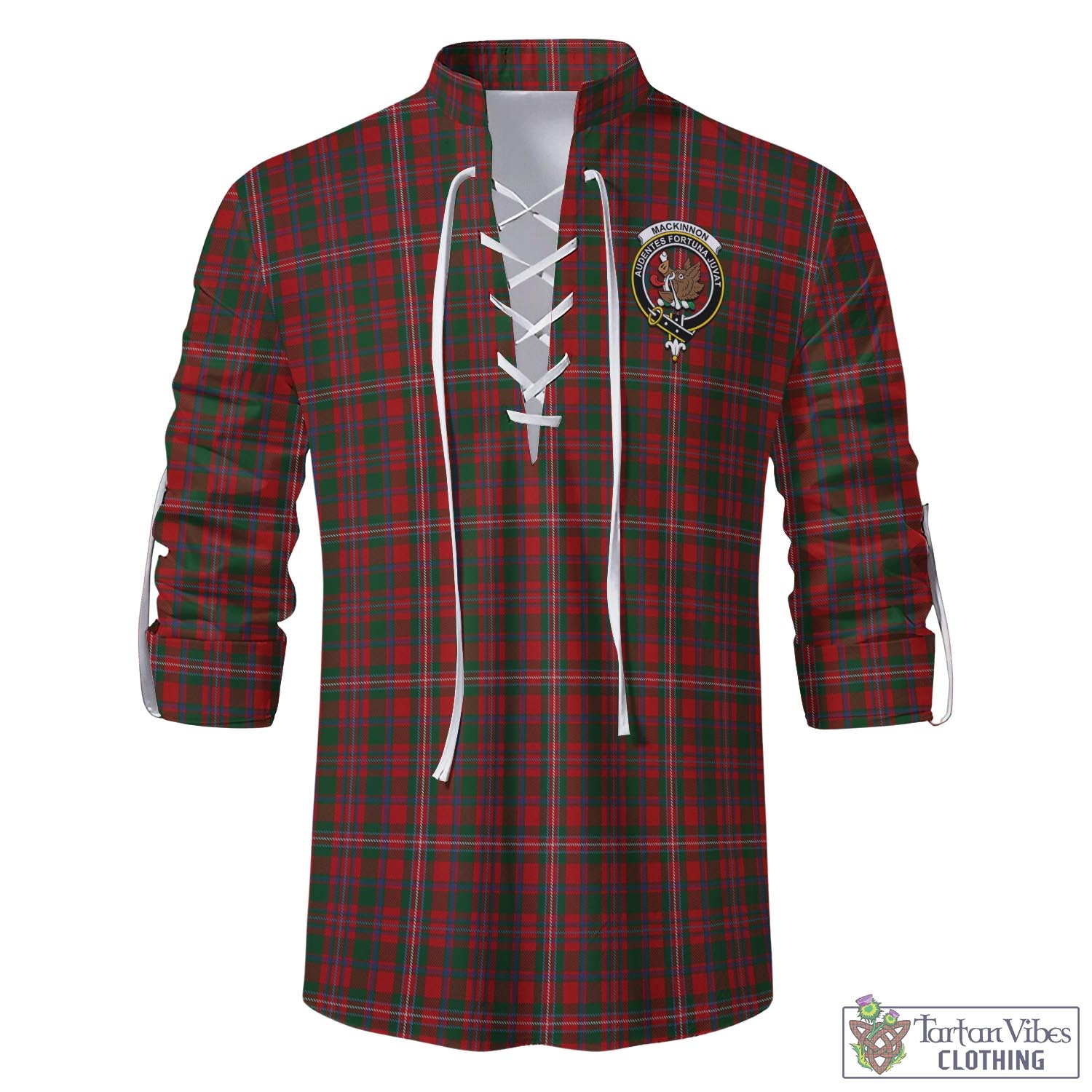 Tartan Vibes Clothing MacKinnon Tartan Men's Scottish Traditional Jacobite Ghillie Kilt Shirt with Family Crest
