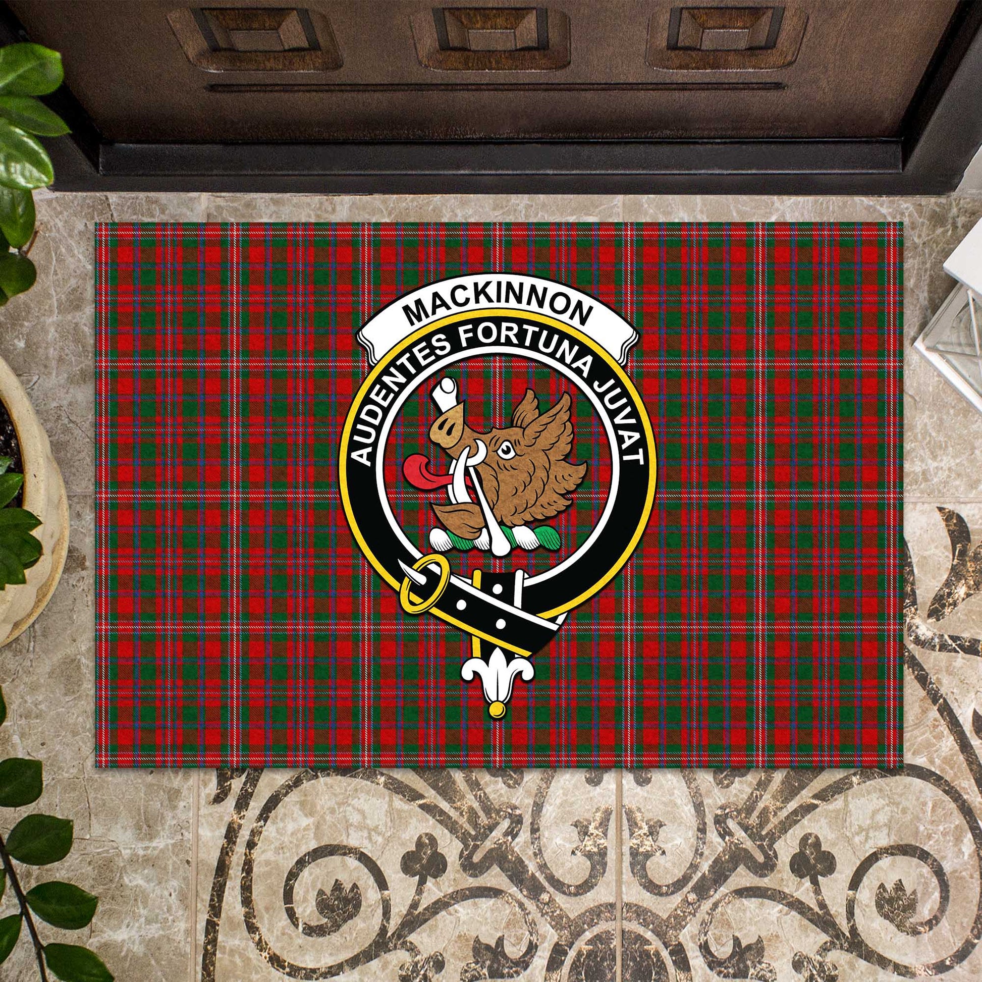 MacKinnon Tartan Door Mat with Family Crest - Tartanvibesclothing