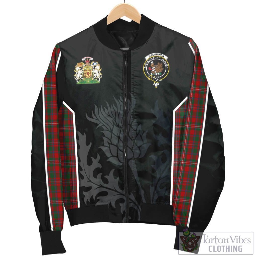 Tartan Vibes Clothing MacKinnon Tartan Bomber Jacket with Family Crest and Scottish Thistle Vibes Sport Style