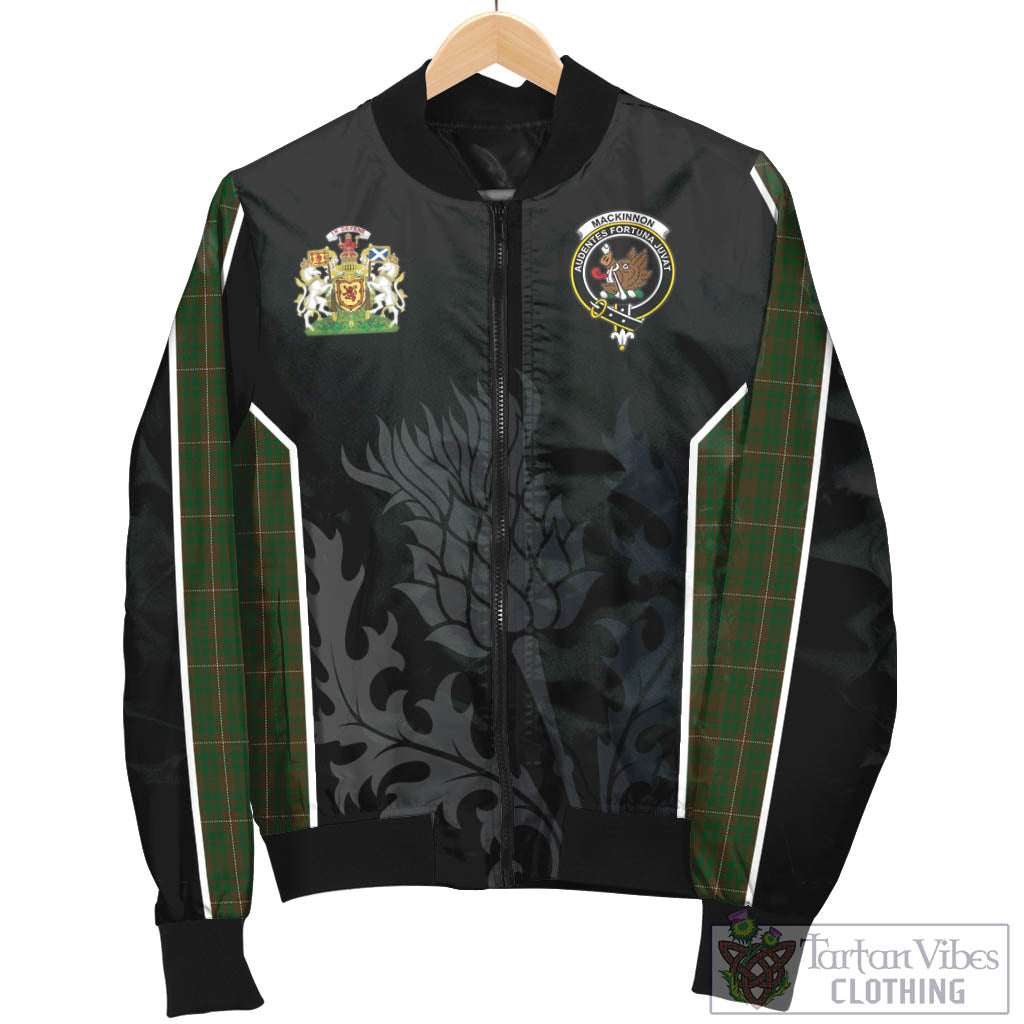 Tartan Vibes Clothing MacKinnon Hunting Tartan Bomber Jacket with Family Crest and Scottish Thistle Vibes Sport Style