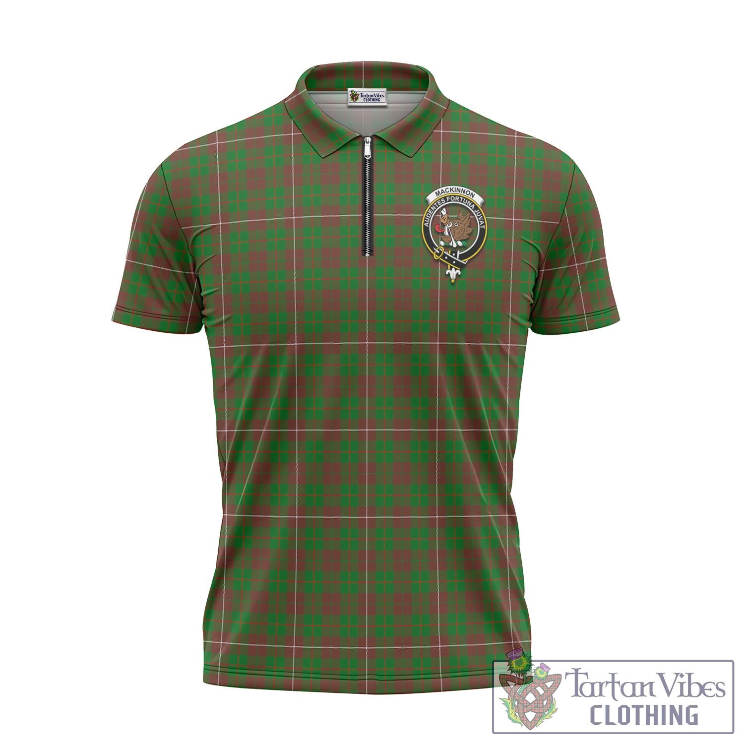 Tartan Vibes Clothing MacKinnon Hunting Modern Tartan Zipper Polo Shirt with Family Crest