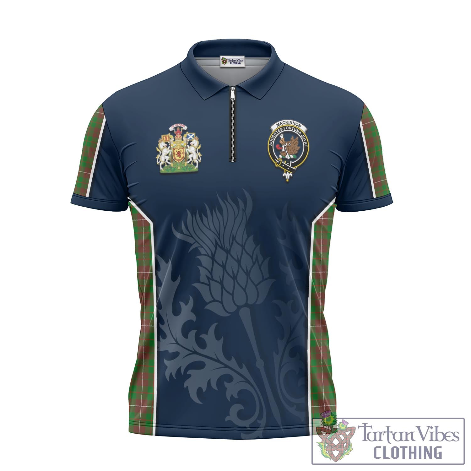 Tartan Vibes Clothing MacKinnon Hunting Modern Tartan Zipper Polo Shirt with Family Crest and Scottish Thistle Vibes Sport Style
