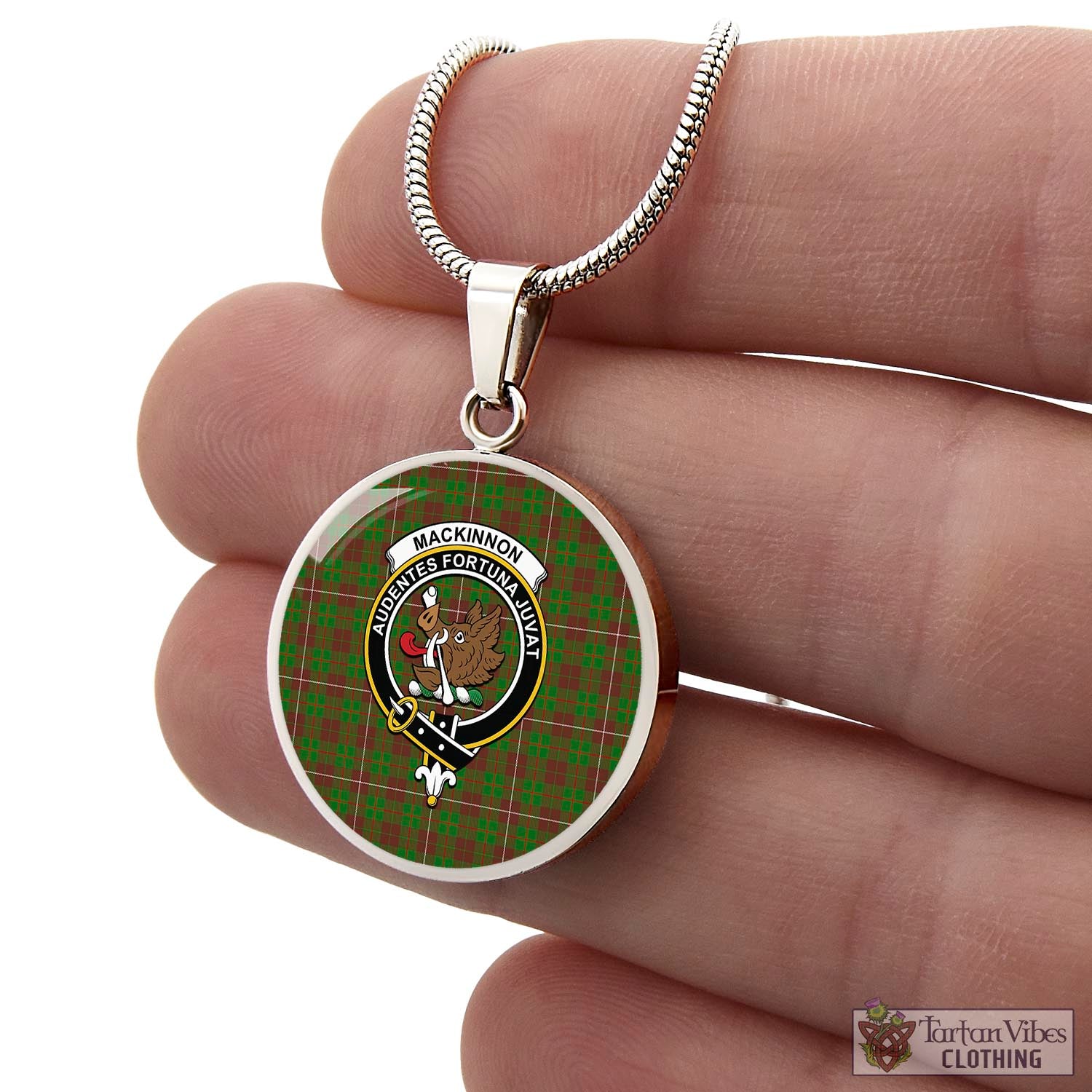Tartan Vibes Clothing MacKinnon Hunting Modern Tartan Circle Necklace with Family Crest