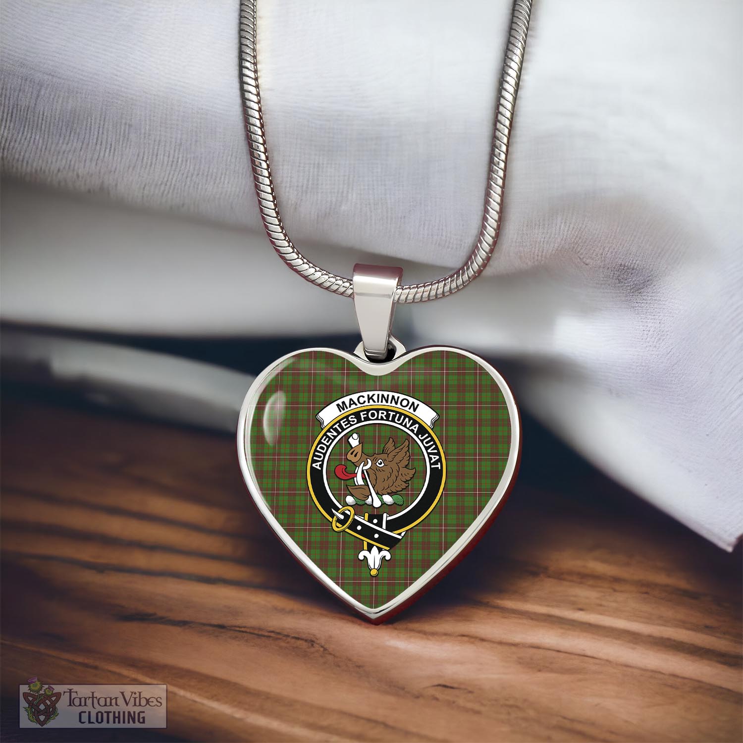 Tartan Vibes Clothing MacKinnon Hunting Modern Tartan Heart Necklace with Family Crest