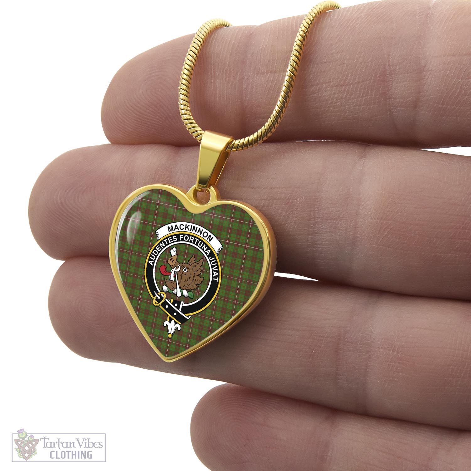 Tartan Vibes Clothing MacKinnon Hunting Modern Tartan Heart Necklace with Family Crest