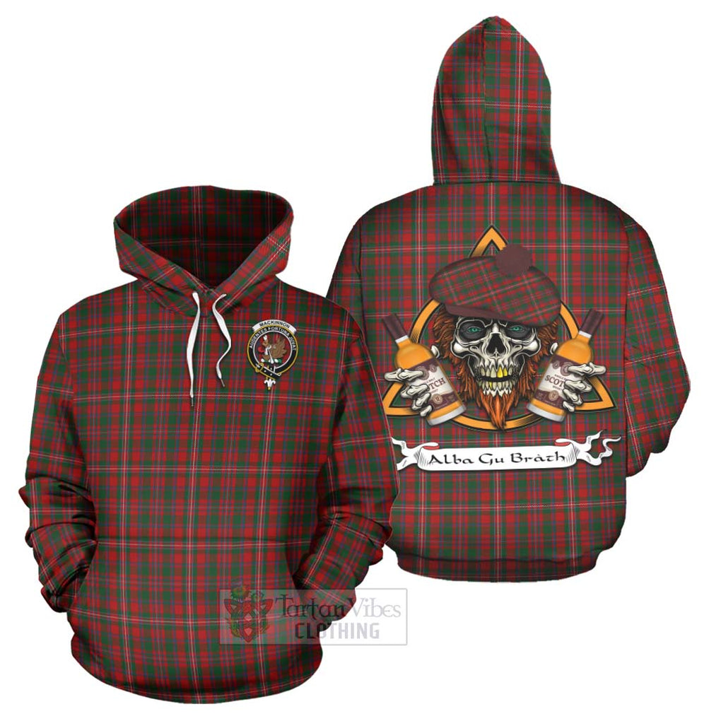 Tartan Vibes Clothing MacKinnon (McKinnon) Tartan Hoodie with Family Crest and Bearded Skull Holding Bottles of Whiskey