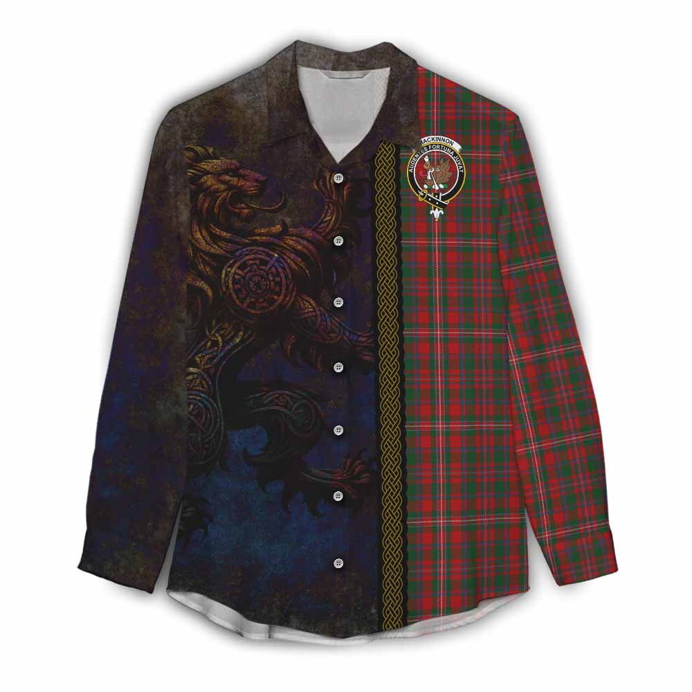 Tartan Vibes Clothing MacKinnon (McKinnon) Tartan Family Crest Women's Casual Shirt Alba Gu Brath Be Brave Lion Ancient Style