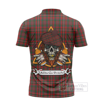 Tartan Vibes Clothing MacKinnon (McKinnon) Tartan Zipper Polo Shirt with Family Crest and Bearded Skull Holding Bottles of Whiskey