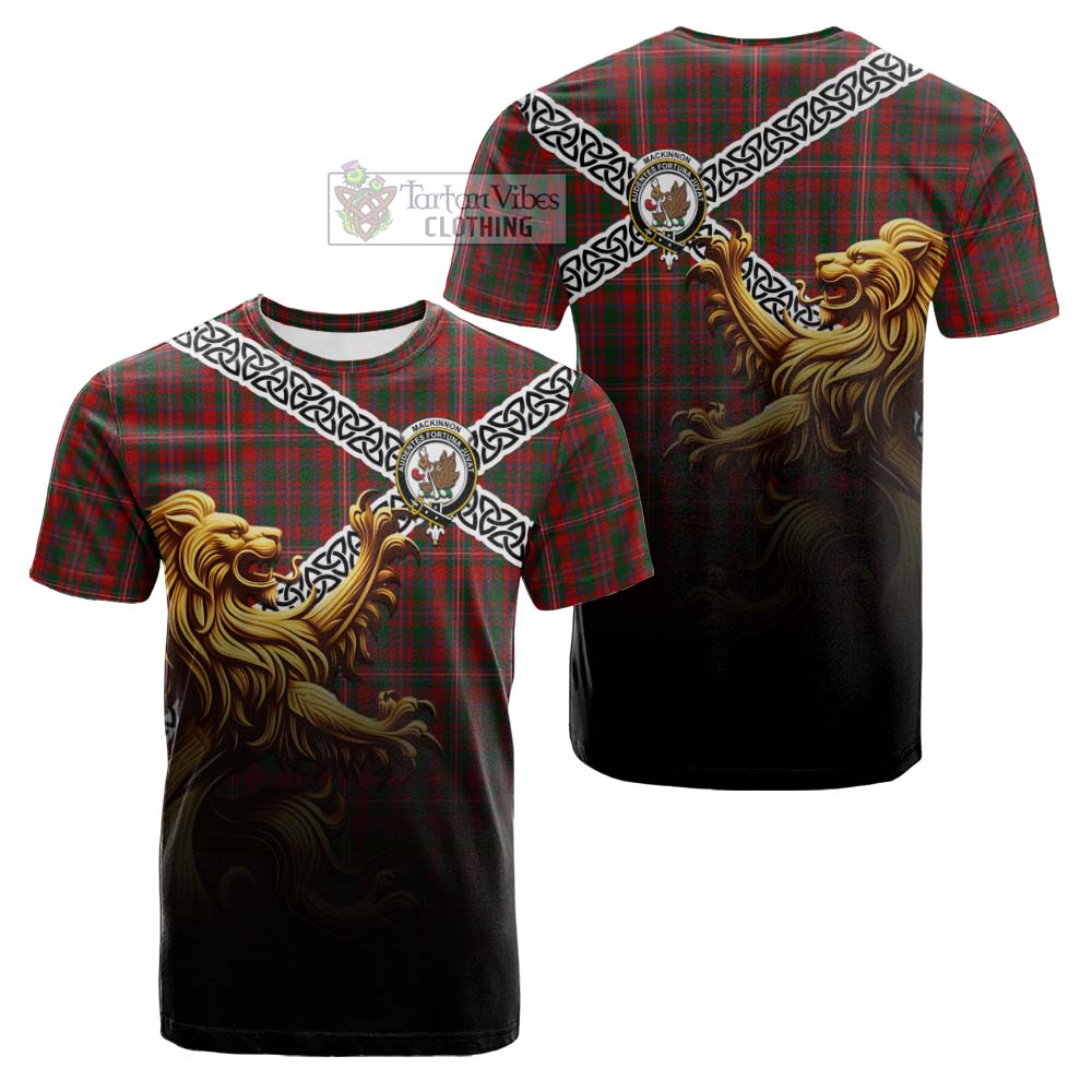Tartan Vibes Clothing MacKinnon (McKinnon) Crest Tartan Cotton T-shirt with Golden Lion Emblem Celtic Style
