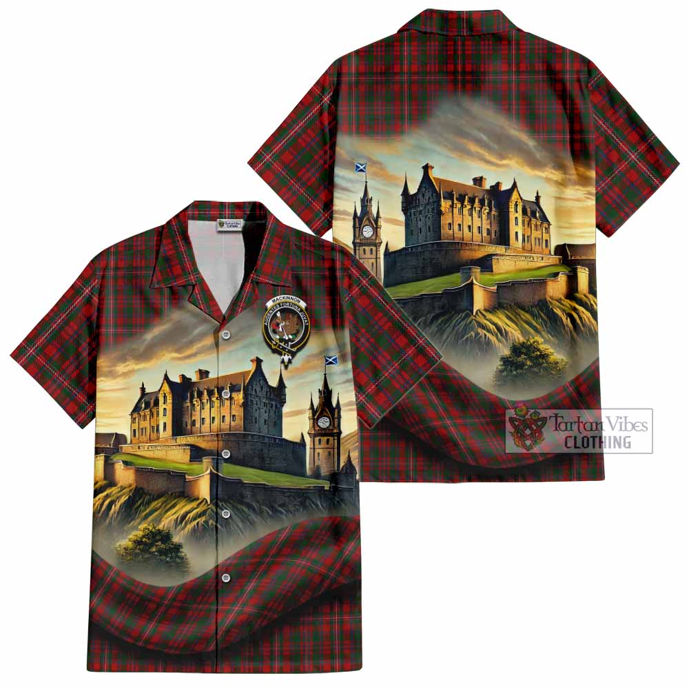 Tartan Vibes Clothing MacKinnon (McKinnon) Tartan Family Crest Short Sleeve Button Shirt with Scottish Ancient Castle Style