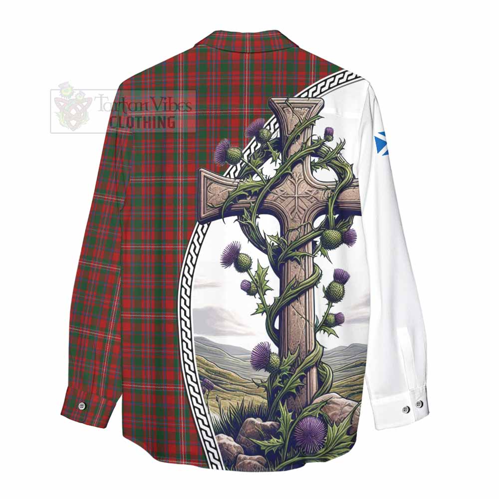 Tartan Vibes Clothing MacKinnon (McKinnon) Tartan Women's Casual Shirt with Family Crest and St. Andrew's Cross Accented by Thistle Vines