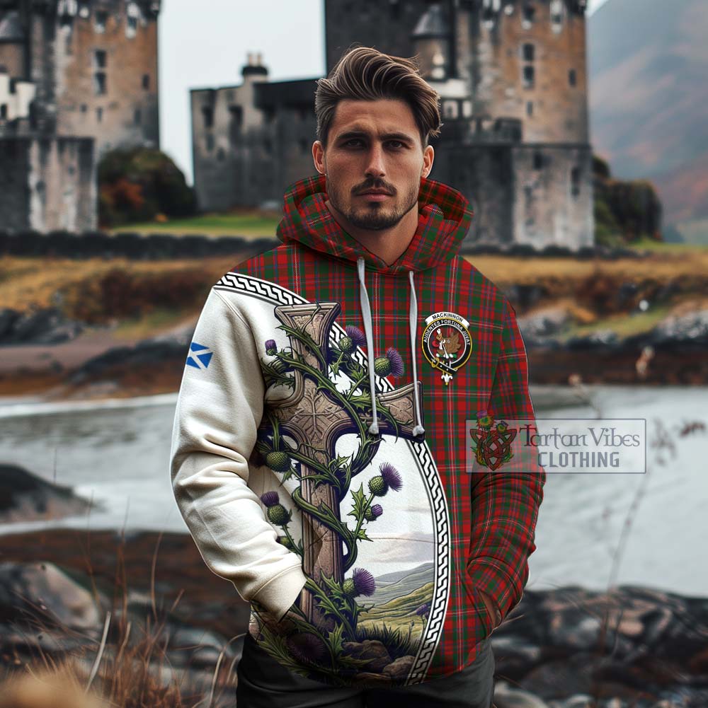 Tartan Vibes Clothing MacKinnon (McKinnon) Tartan Cotton Hoodie with Family Crest and St. Andrew's Cross Accented by Thistle Vines