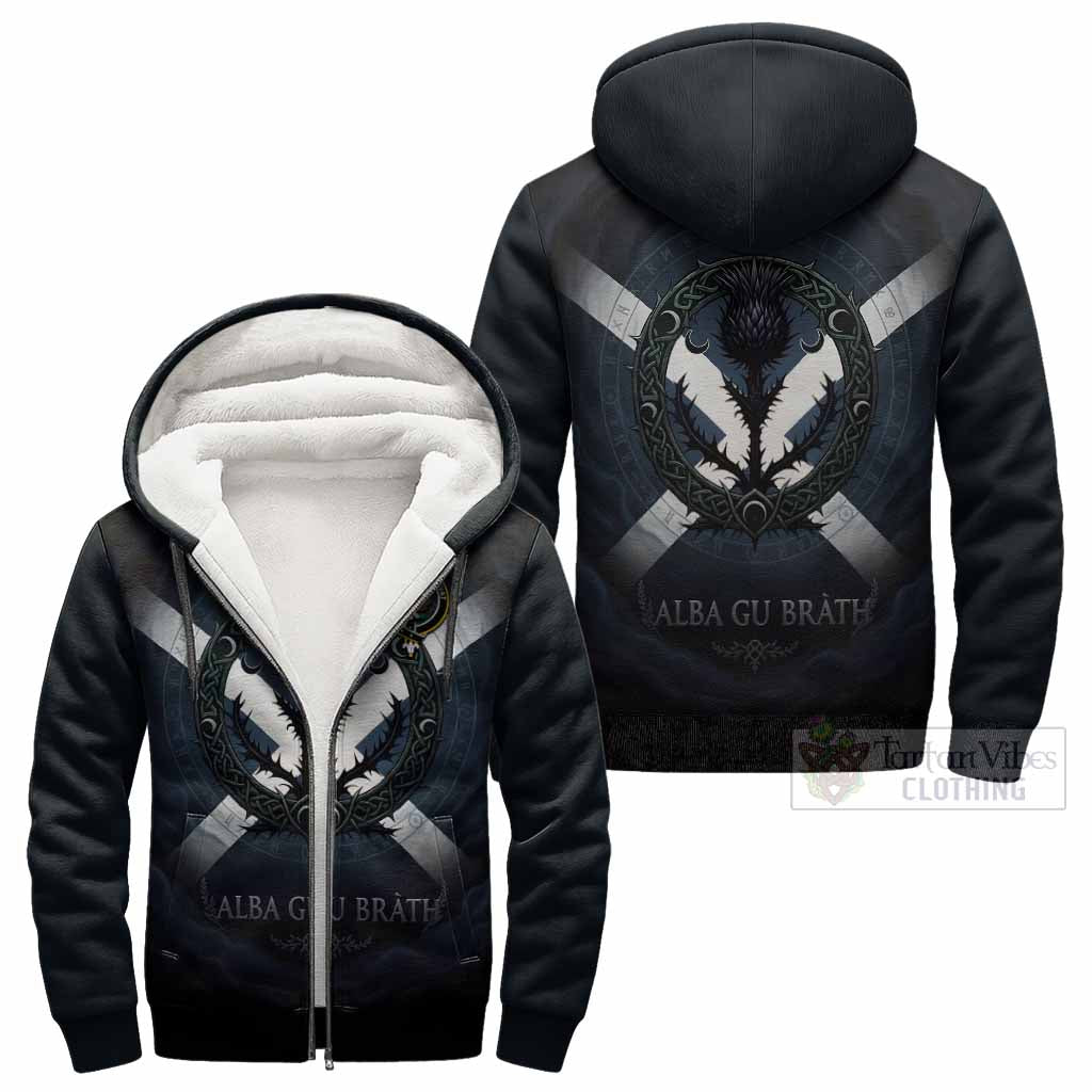 MacKinnon (McKinnon) Clan Crest Sherpa Hoodie with Celtic Knot Thistle and Saltire