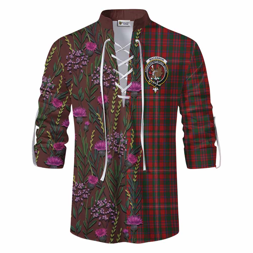 MacKinnon (McKinnon) Family Crest Tartan Ghillie Shirt Scottish Thistle Flower Pattern Half Style - Tartan Vibes Clothing