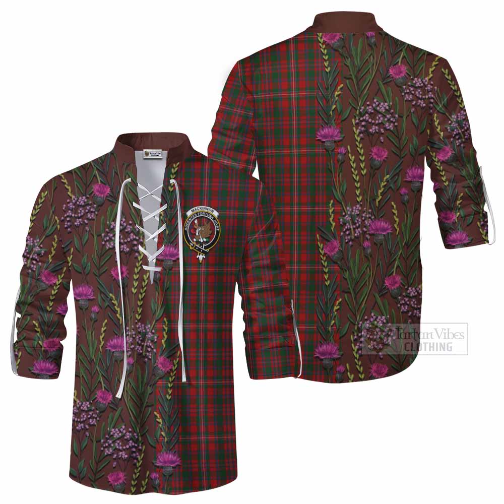 MacKinnon (McKinnon) Family Crest Tartan Ghillie Shirt Scottish Thistle Flower Pattern Half Style - Tartan Vibes Clothing