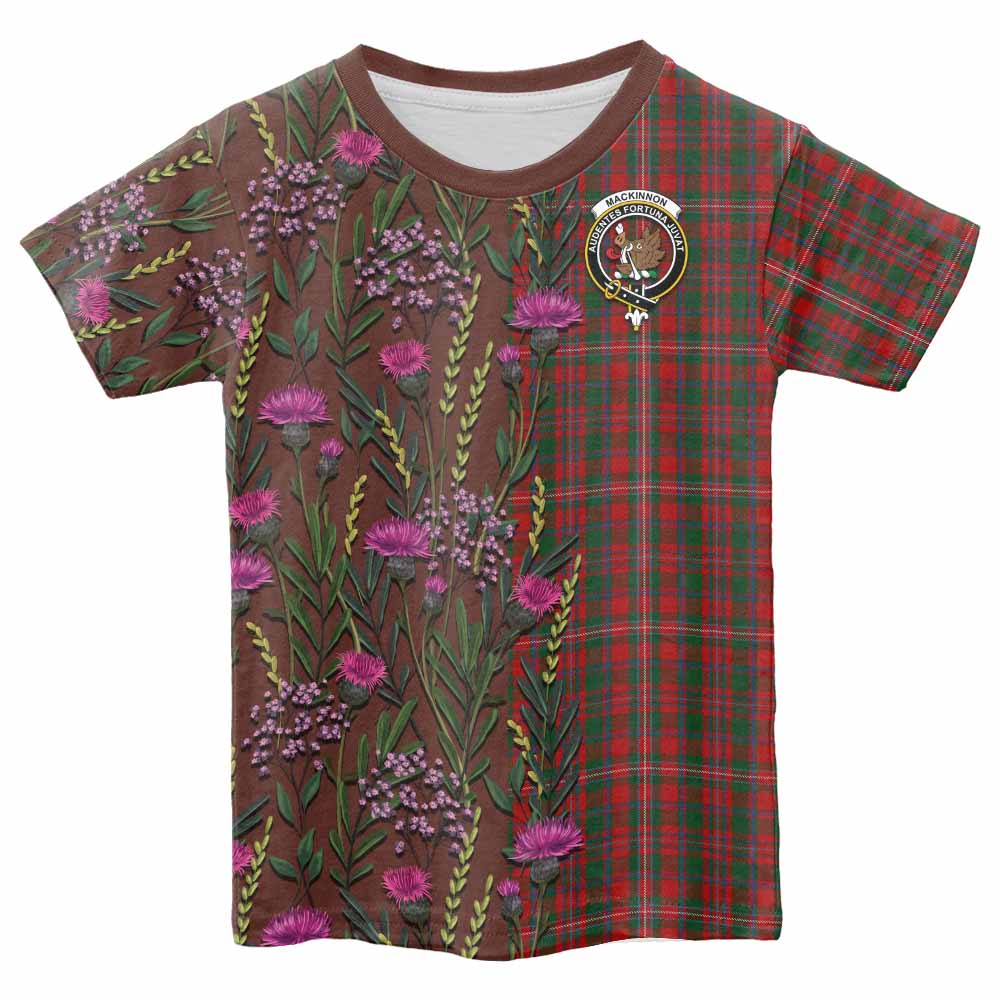 MacKinnon (McKinnon) Family Crest Tartan Kid T-shirt Scottish Thistle Flower Pattern Half Style - Tartan Vibes Clothing