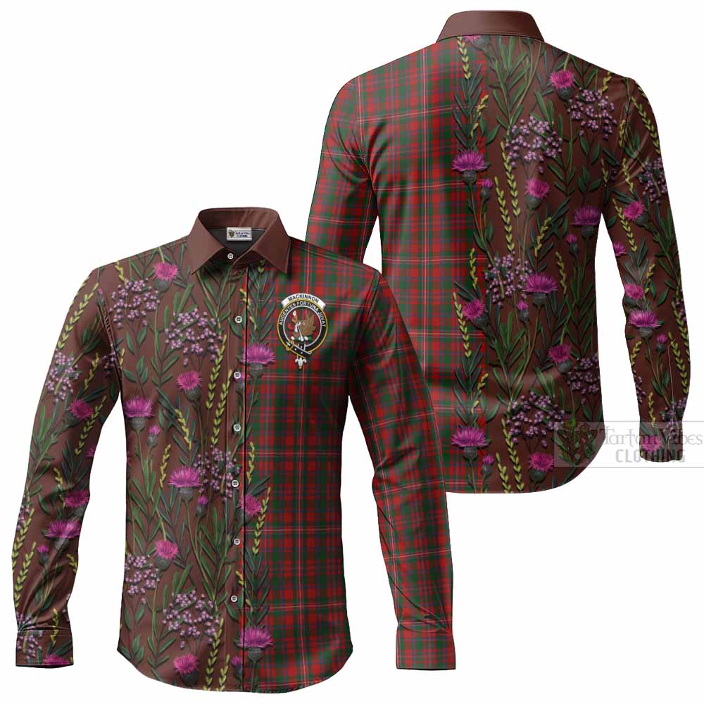 MacKinnon (McKinnon) Family Crest Tartan Long Sleeve Button Shirts Scottish Thistle Flower Pattern Half Style - Tartan Vibes Clothing