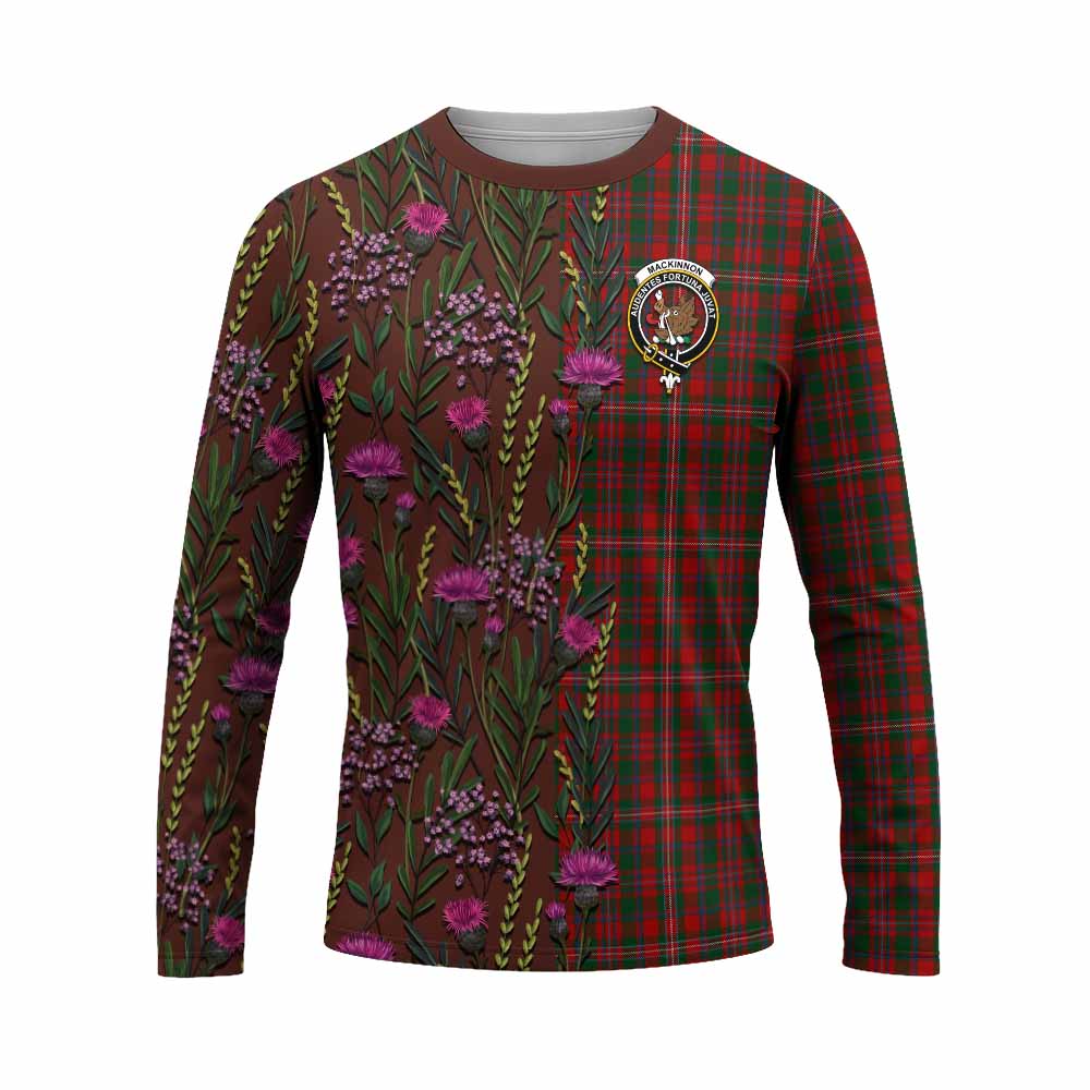 MacKinnon (McKinnon) Family Crest Tartan Long Sleeve T-Shirt Scottish Thistle Flower Pattern Half Style - Tartan Vibes Clothing