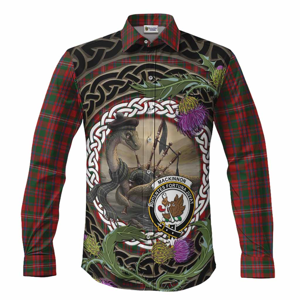 MacKinnon (McKinnon) Tartan Crest Bagpipe Nessie Long Sleeve Button Shirts Scottish Loch Ness Monster Celtic Thistle