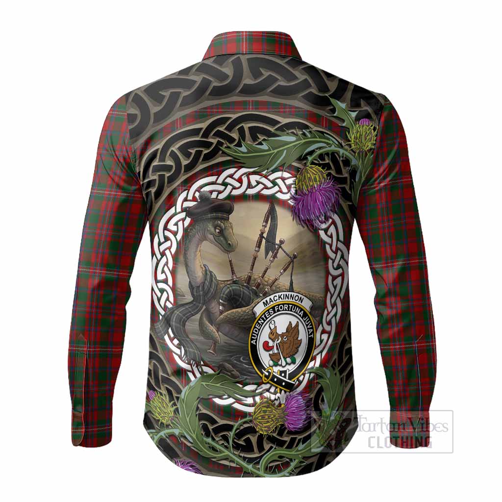 MacKinnon (McKinnon) Tartan Crest Bagpipe Nessie Long Sleeve Button Shirts Scottish Loch Ness Monster Celtic Thistle