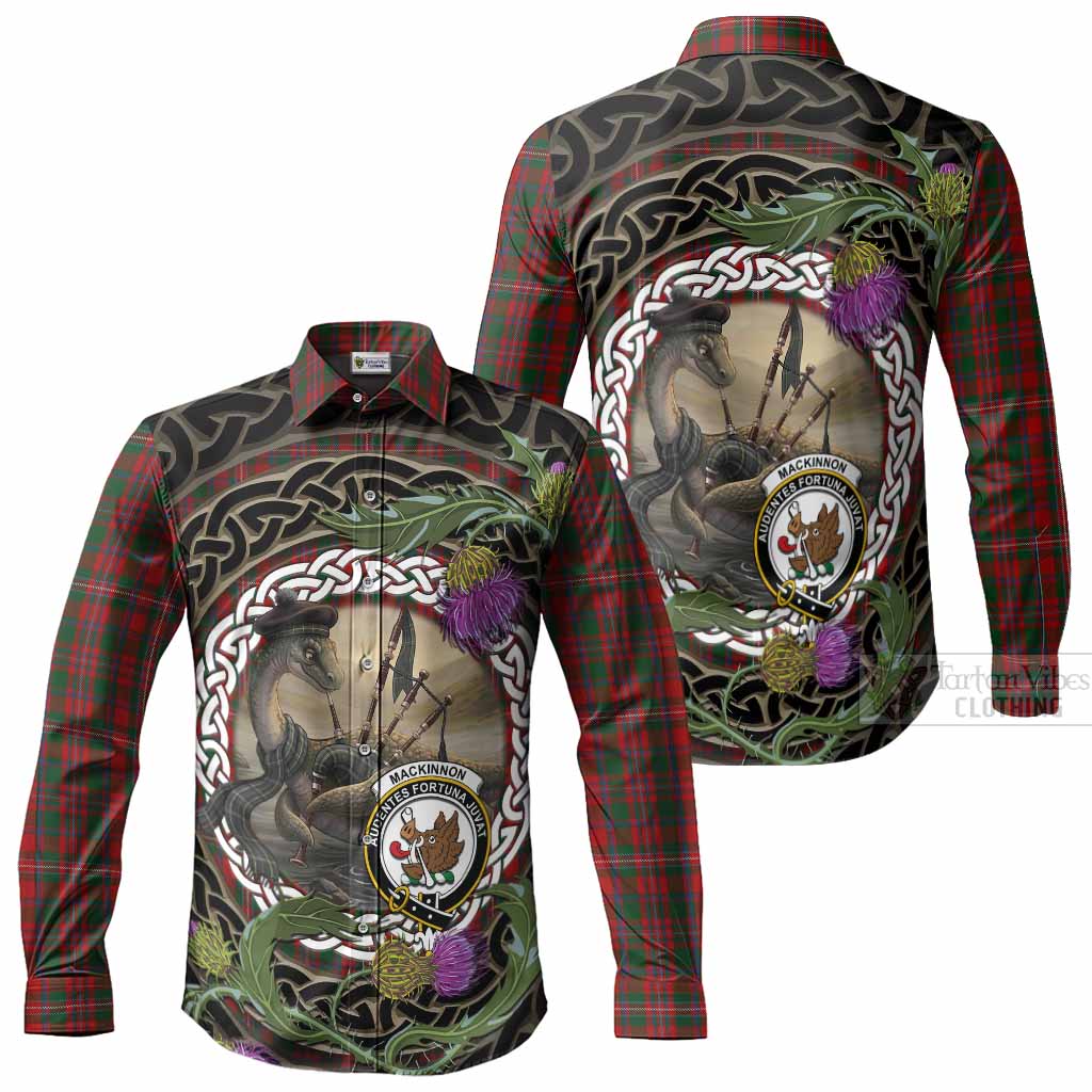 MacKinnon (McKinnon) Tartan Crest Bagpipe Nessie Long Sleeve Button Shirts Scottish Loch Ness Monster Celtic Thistle