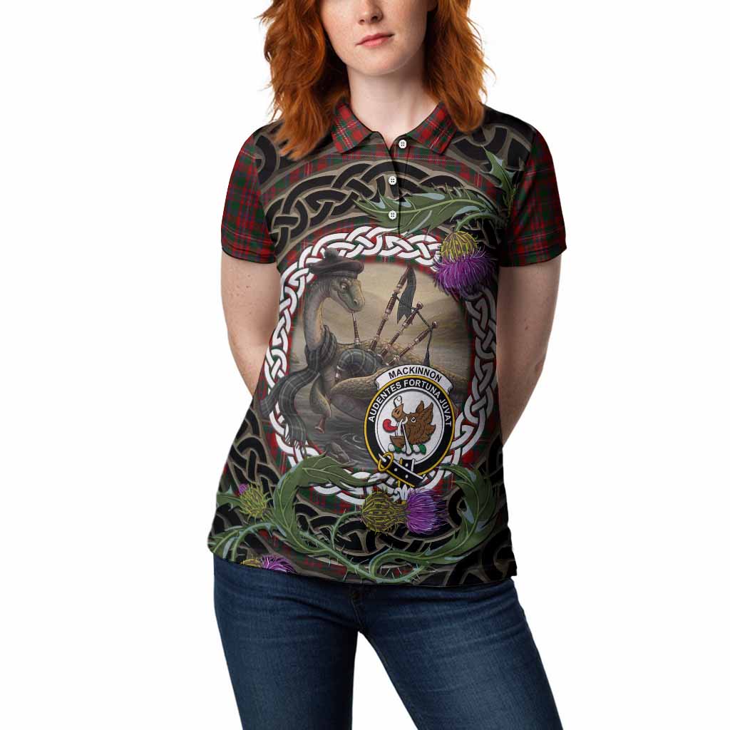 MacKinnon (McKinnon) Tartan Crest Bagpipe Nessie Women Polo Shirt Scottish Loch Ness Monster Celtic Thistle