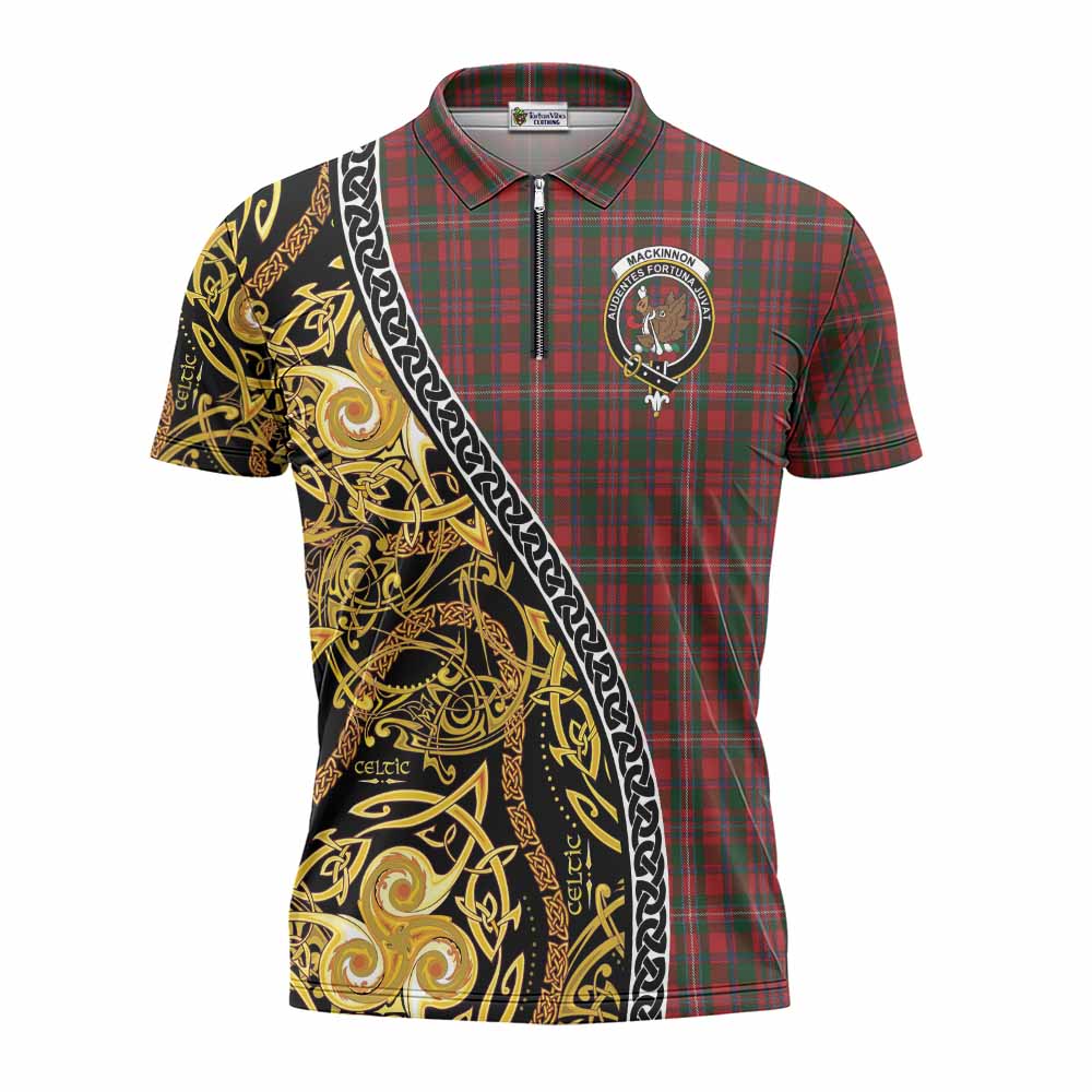 MacKinnon (McKinnon) Tartan Crest Zipper Polo Shirt Celtic Knot and Triple Trickle Spiral Symbols