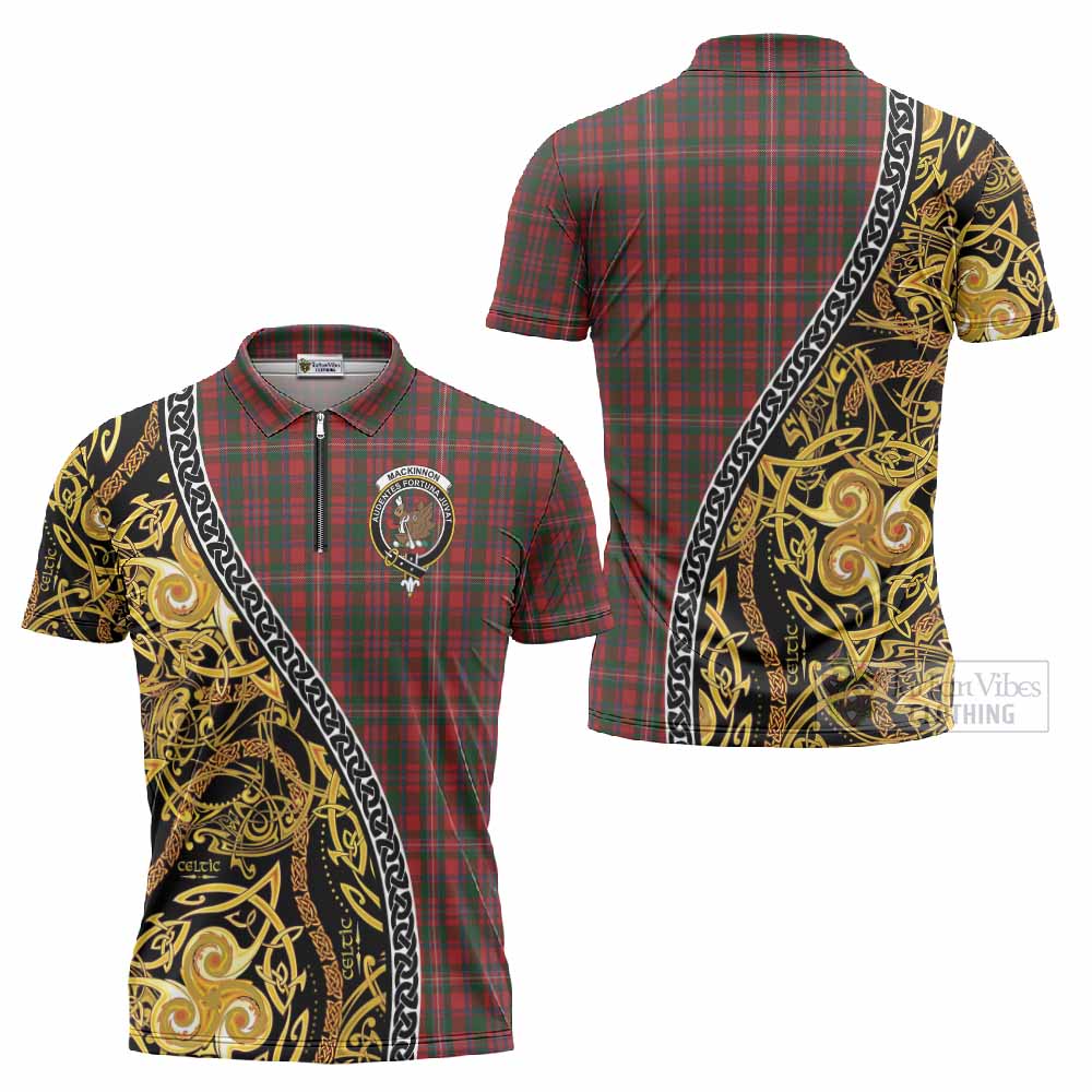 MacKinnon (McKinnon) Tartan Crest Zipper Polo Shirt Celtic Knot and Triple Trickle Spiral Symbols