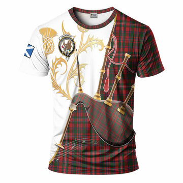 MacKinnon (McKinnon) Tartan Family Crest T-Shirt Bagpipes with Scottish Thistle