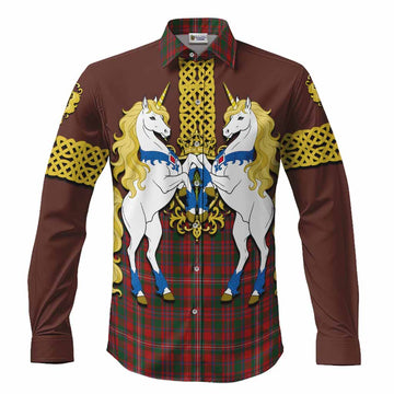 MacKinnon (McKinnon) Tartan Long Sleeve Button Shirts Unicorn Celtic Knot And Thistle Emblem
