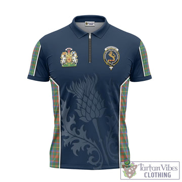 MacKintosh Hunting Ancient Tartan Zipper Polo Shirt with Family Crest and Scottish Thistle Vibes Sport Style