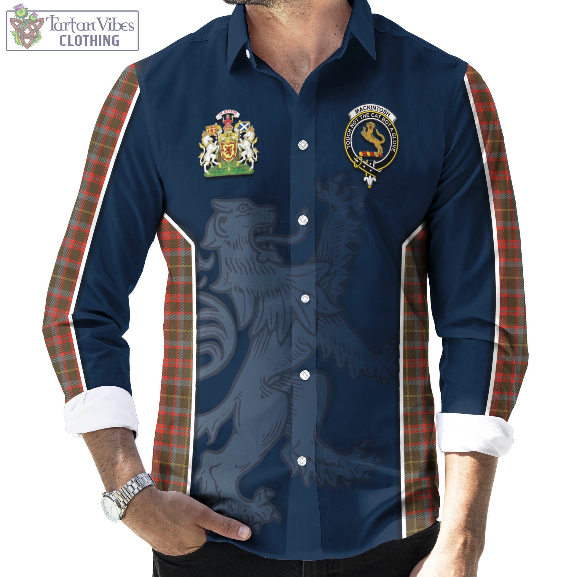 Tartan Vibes Clothing MacKintosh Hunting Weathered Tartan Long Sleeve Button Up Shirt with Family Crest and Lion Rampant Vibes Sport Style