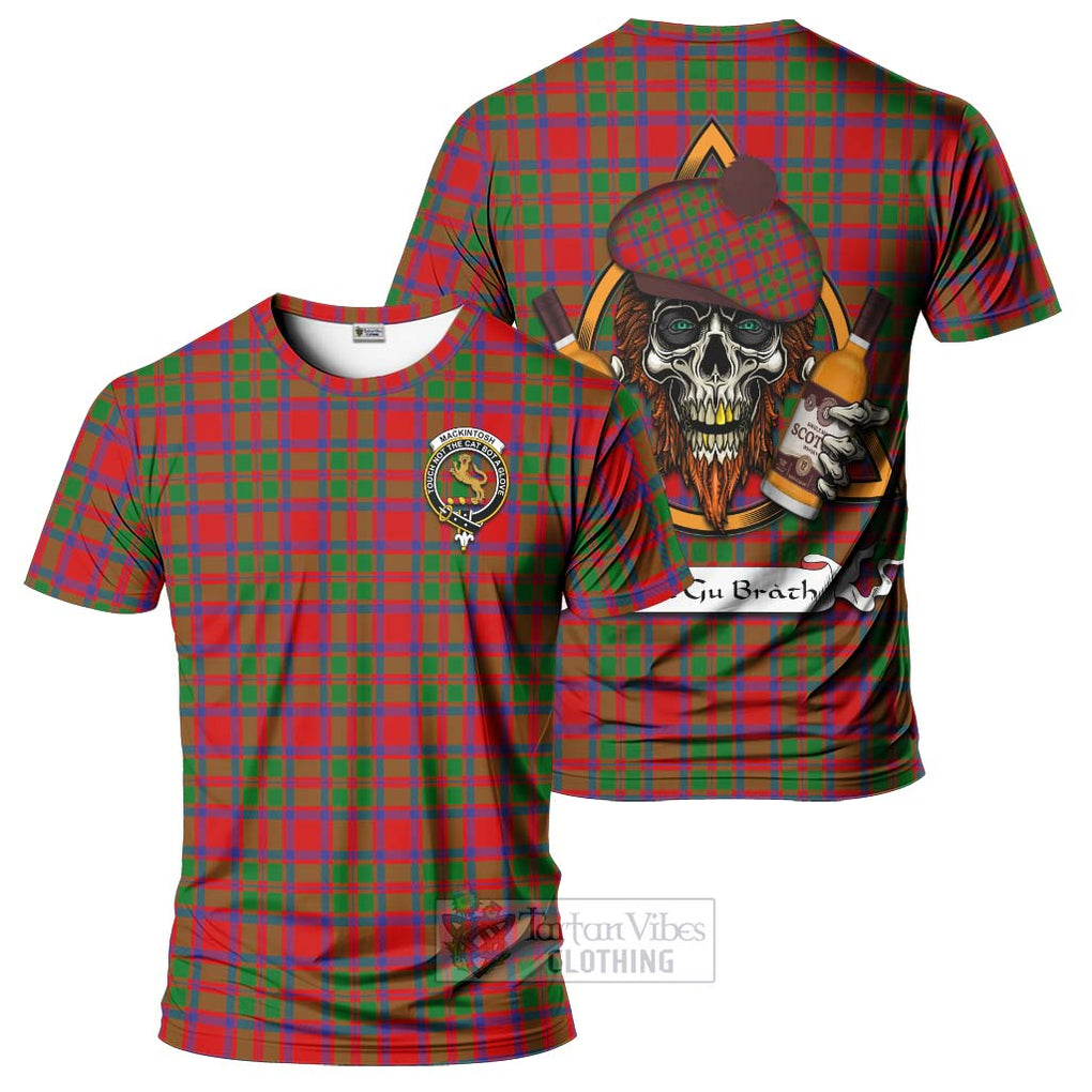 Tartan Vibes Clothing MacKintosh (McKintosh) Tartan T-Shirt with Family Crest and Bearded Skull Holding Bottles of Whiskey
