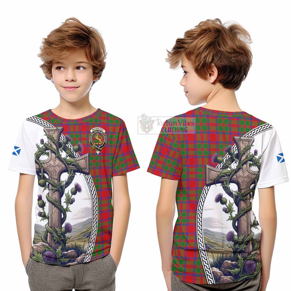 Tartan Vibes Clothing MacKintosh (McKintosh) Tartan Kid T-Shirt with Family Crest and St. Andrew's Cross Accented by Thistle Vines