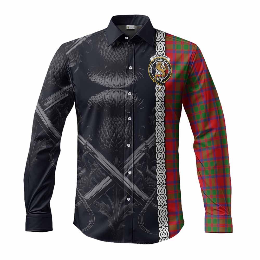 Tartan Vibes Clothing MacKintosh (McKintosh) Tartan Long Sleeve Button Shirt with Family Crest Cross Sword Thistle Celtic Vibes