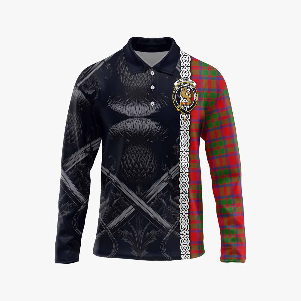 Tartan Vibes Clothing MacKintosh (McKintosh) Tartan Long Sleeve Polo Shirt with Family Crest Cross Sword Thistle Celtic Vibes