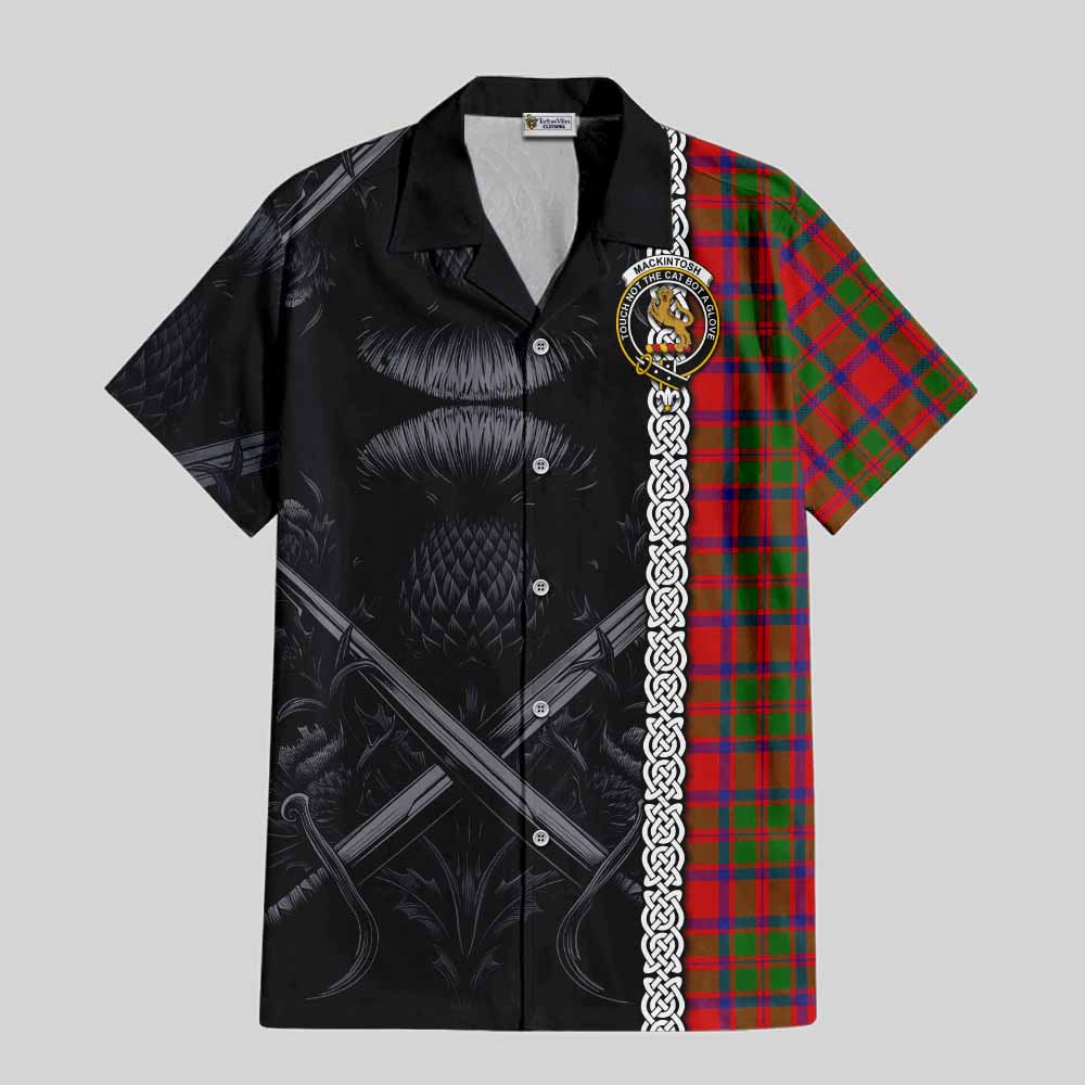 Tartan Vibes Clothing MacKintosh (McKintosh) Tartan Short Sleeve Button Shirt with Family Crest Cross Sword Thistle Celtic Vibes