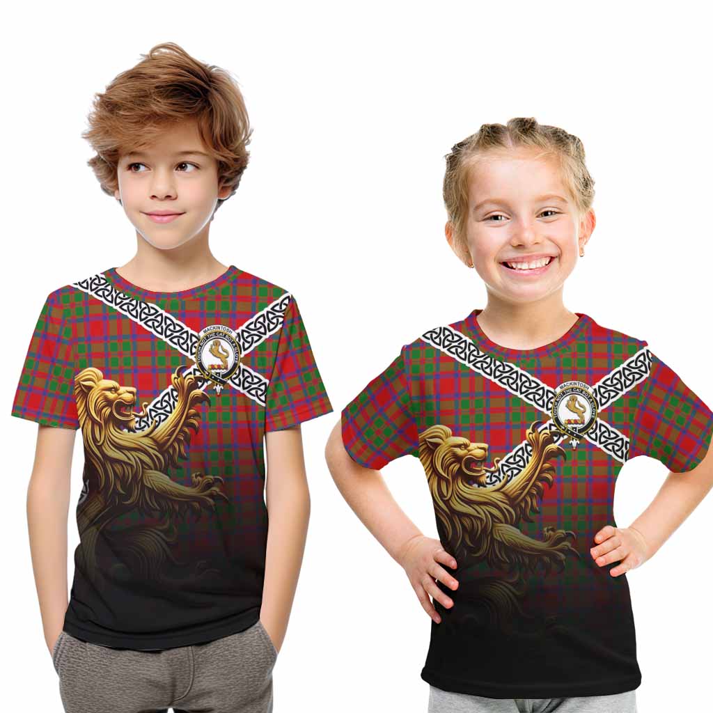 Tartan Vibes Clothing MacKintosh (McKintosh) Crest Tartan Kid T-Shirt with Golden Lion Emblem Celtic Style