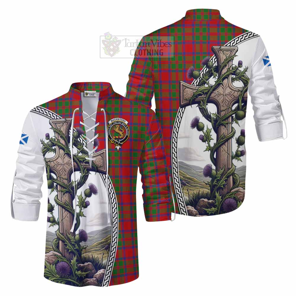 Tartan Vibes Clothing MacKintosh (McKintosh) Tartan Ghillie Kilt Shirt with Family Crest and St. Andrew's Cross Accented by Thistle Vines