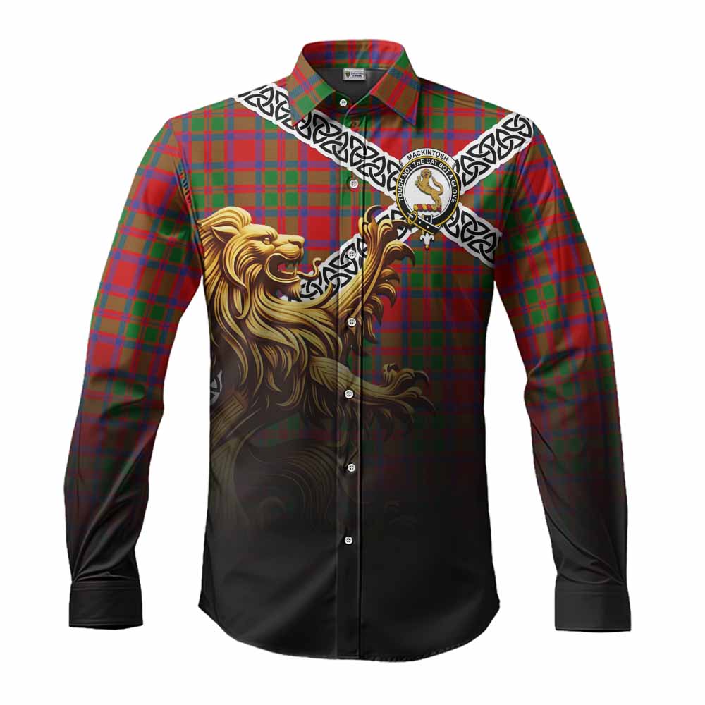 Tartan Vibes Clothing MacKintosh (McKintosh) Crest Tartan Long Sleeve Button Shirt with Golden Lion Emblem Celtic Style