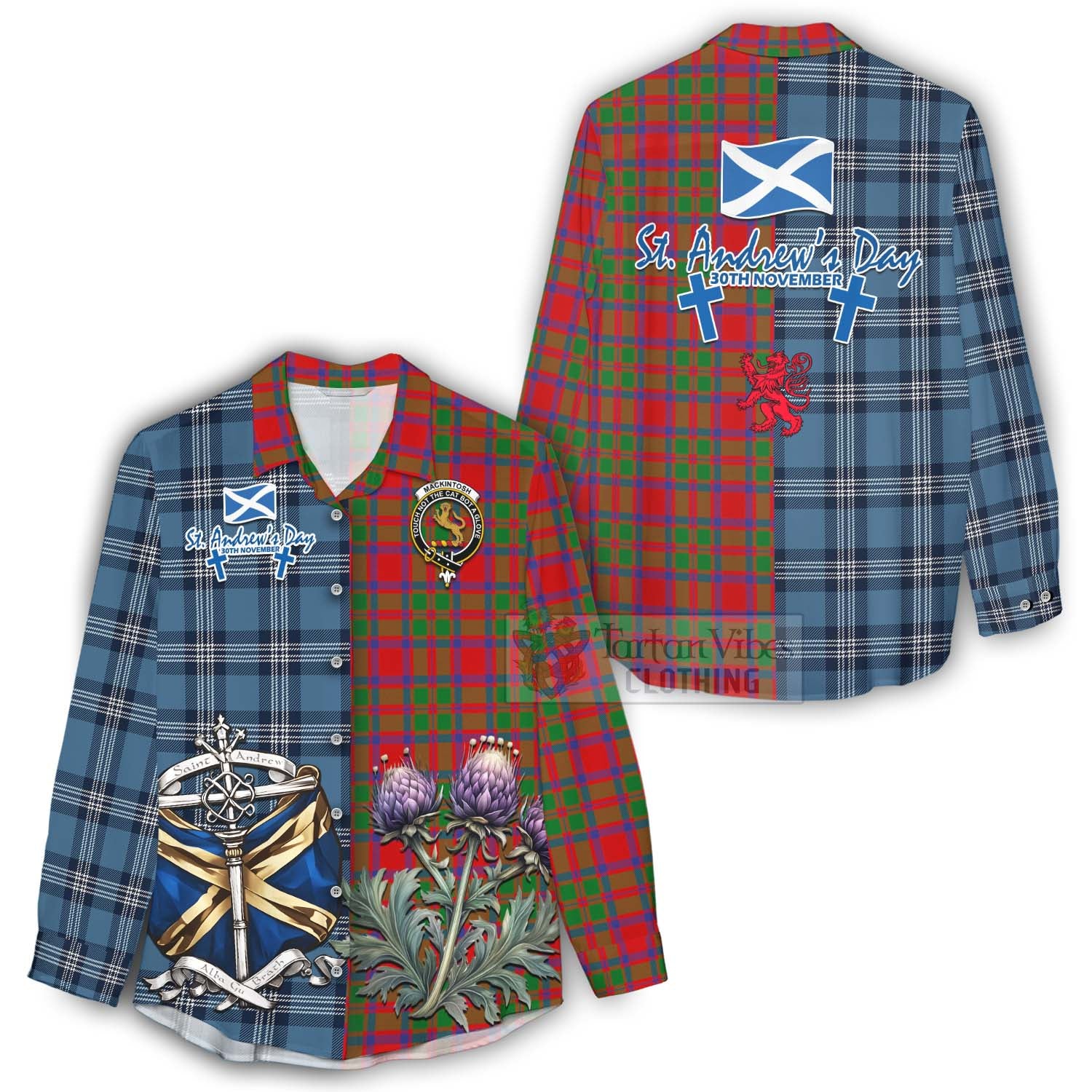 Tartan Vibes Clothing MacKintosh (McKintosh) Tartan Women's Casual Shirt Happy St. Andrew's Day Half Tartan Style
