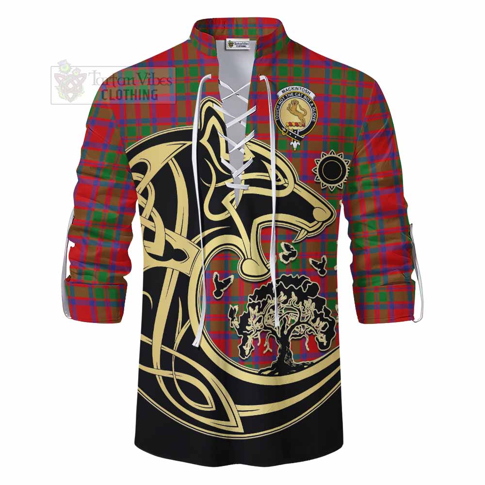 Tartan Vibes Clothing MacKintosh (McKintosh) Tartan Ghillie Kilt Shirt with Family Crest Celtic Wolf Style