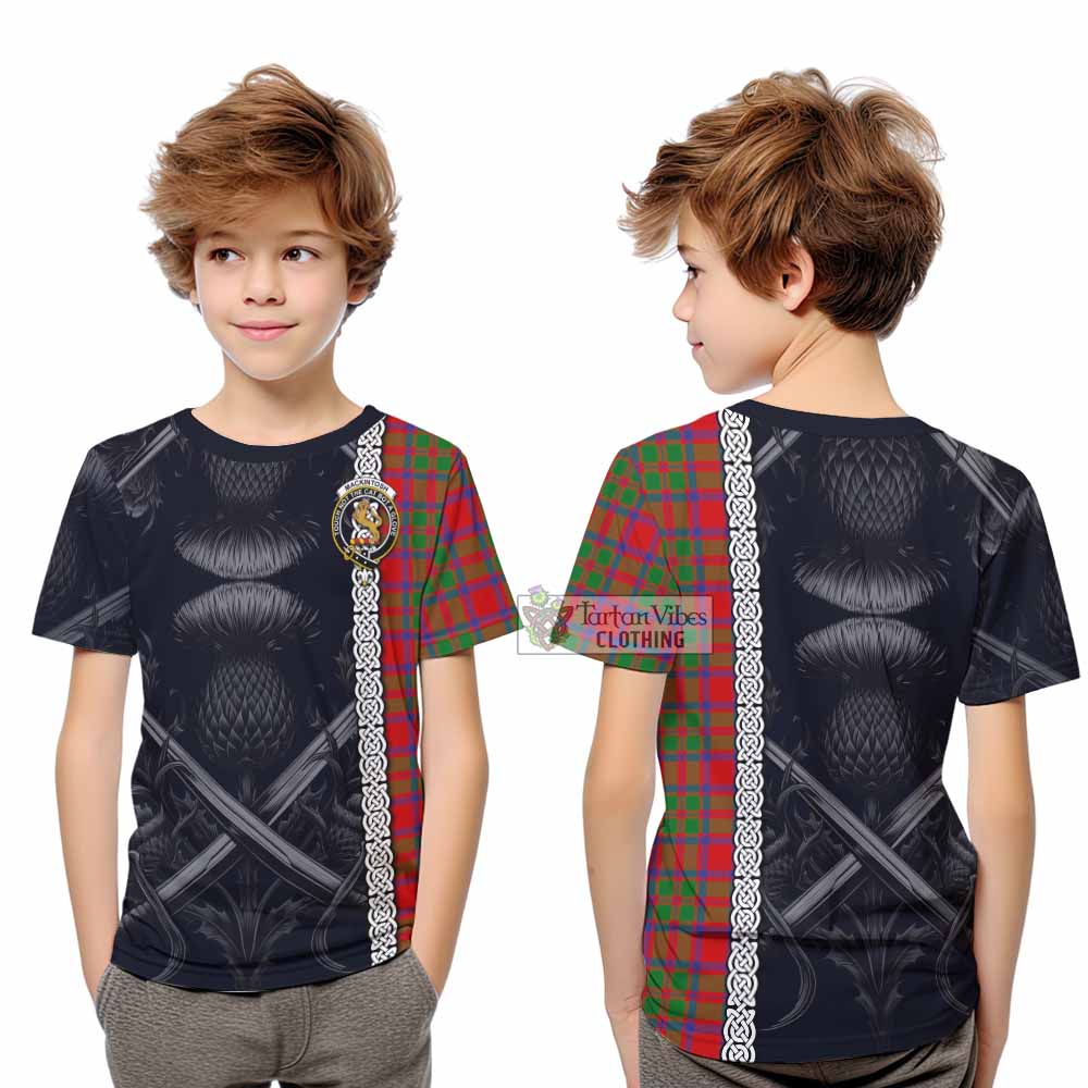 Tartan Vibes Clothing MacKintosh (McKintosh) Tartan Kid T-Shirt with Family Crest Cross Sword Thistle Celtic Vibes