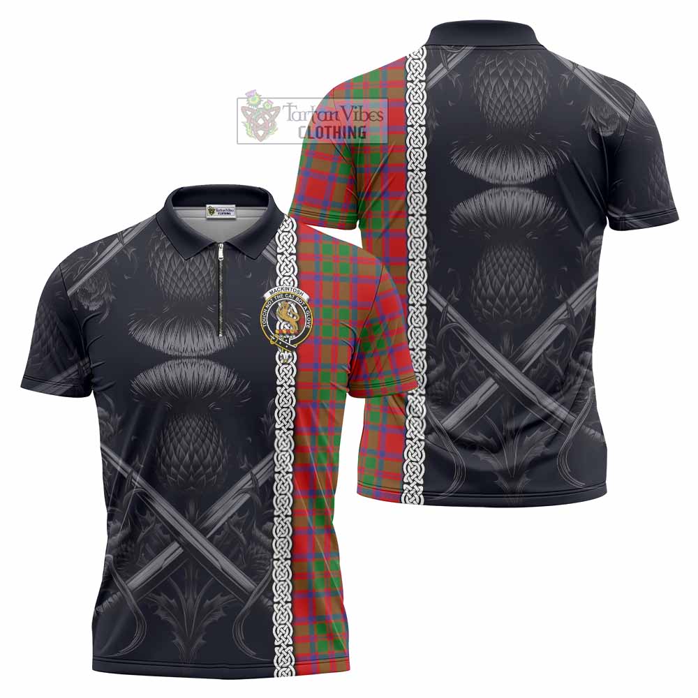 Tartan Vibes Clothing MacKintosh (McKintosh) Tartan Zipper Polo Shirt with Family Crest Cross Sword Thistle Celtic Vibes