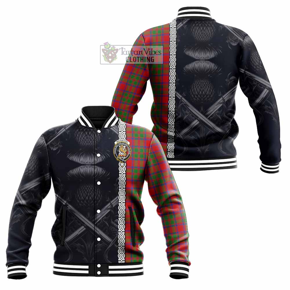 Tartan Vibes Clothing MacKintosh (McKintosh) Tartan Baseball Jacket with Family Crest Cross Sword Thistle Celtic Vibes