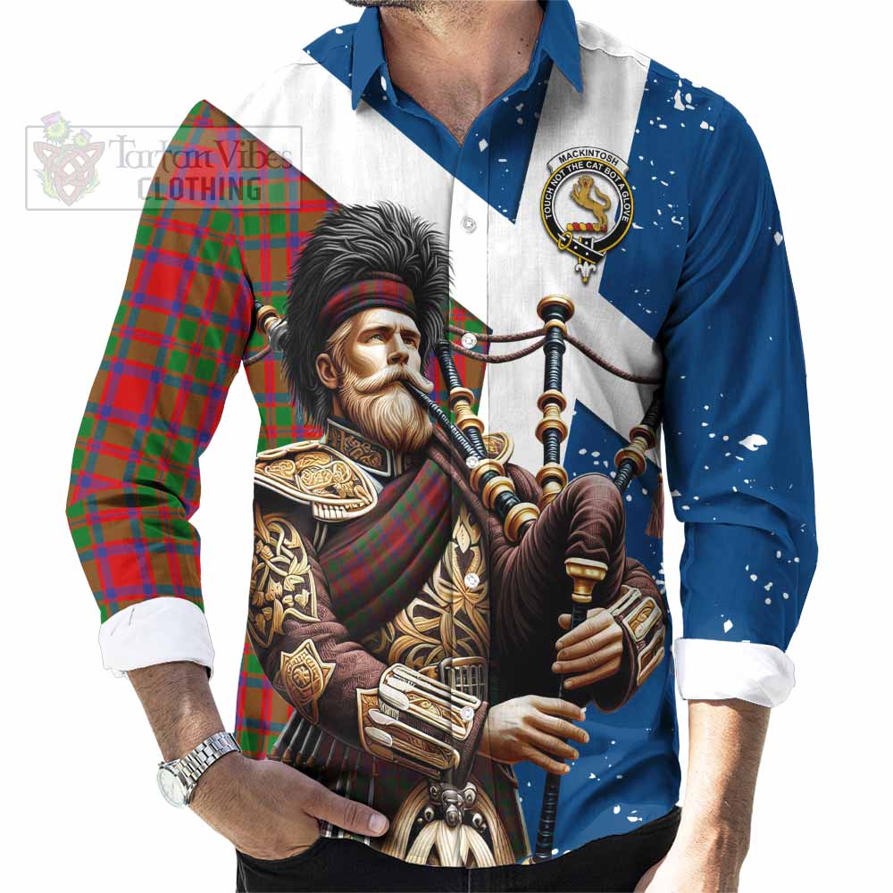 Tartan Vibes Clothing MacKintosh (McKintosh) Tartan Long Sleeve Button Shirt with Family Crest Scottish Bagpiper Vibes