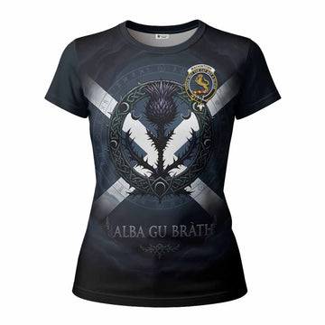 MacKintosh (McKintosh) Clan Crest Women T shirt with Celtic Knot Thistle and Saltire