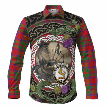 MacKintosh (McKintosh) Tartan Crest Bagpipe Nessie Long Sleeve Button Shirts Scottish Loch Ness Monster Celtic Thistle