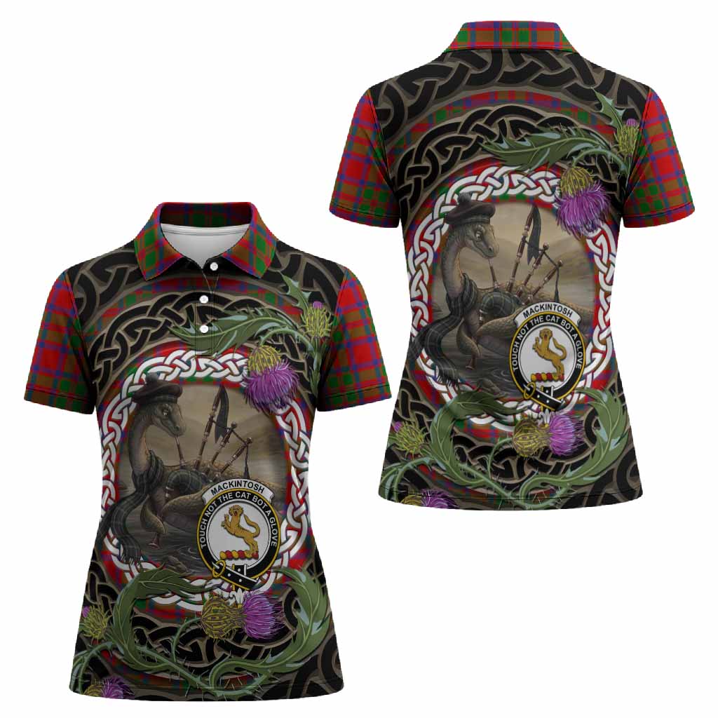 MacKintosh (McKintosh) Tartan Crest Bagpipe Nessie Women Polo Shirt Scottish Loch Ness Monster Celtic Thistle
